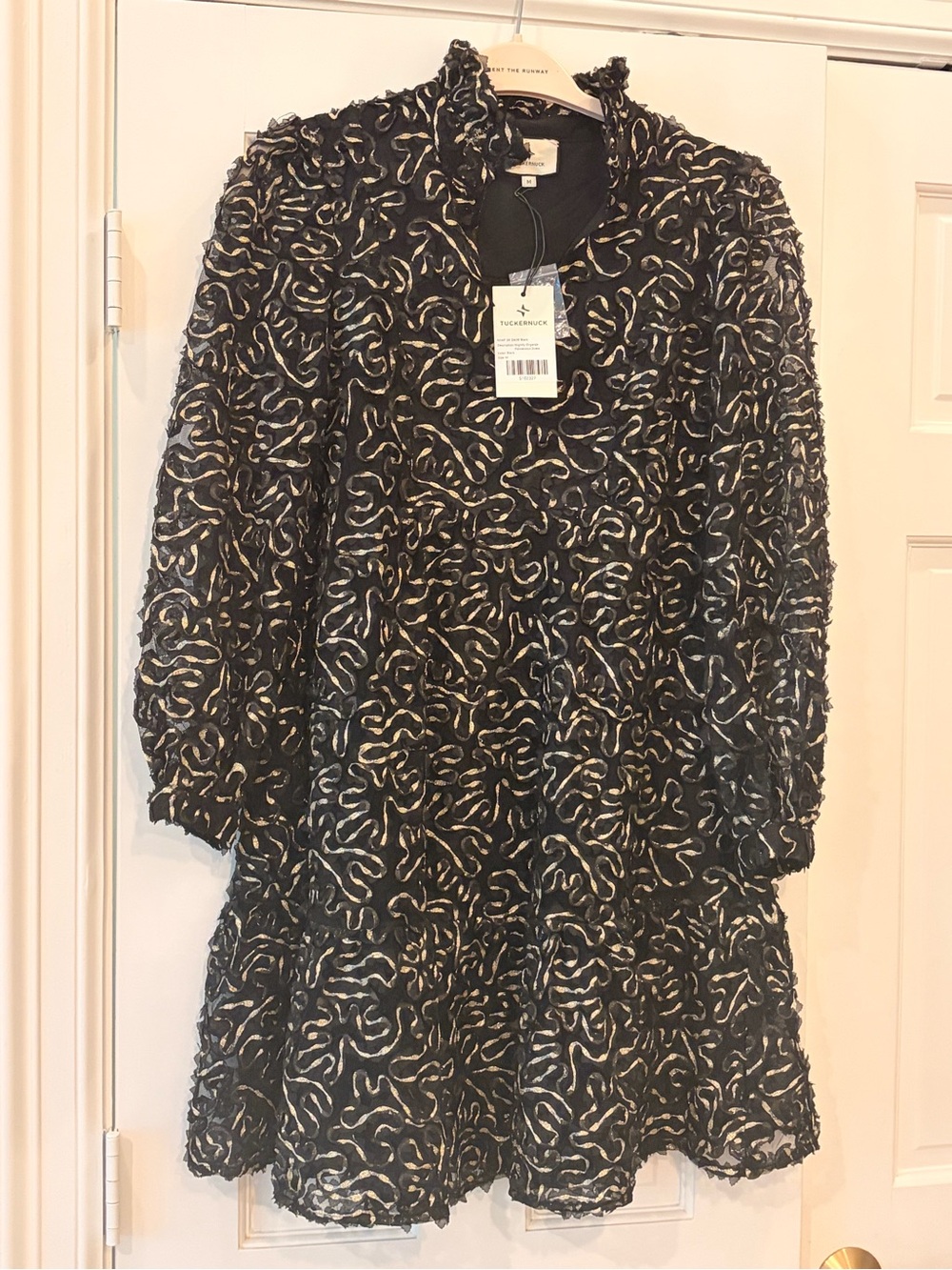 Tuckernuck Black Dress with Gold Swirl Ruffle Detail